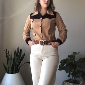 Ultimate 70’s Tan Button-down w/ Velvet Accents